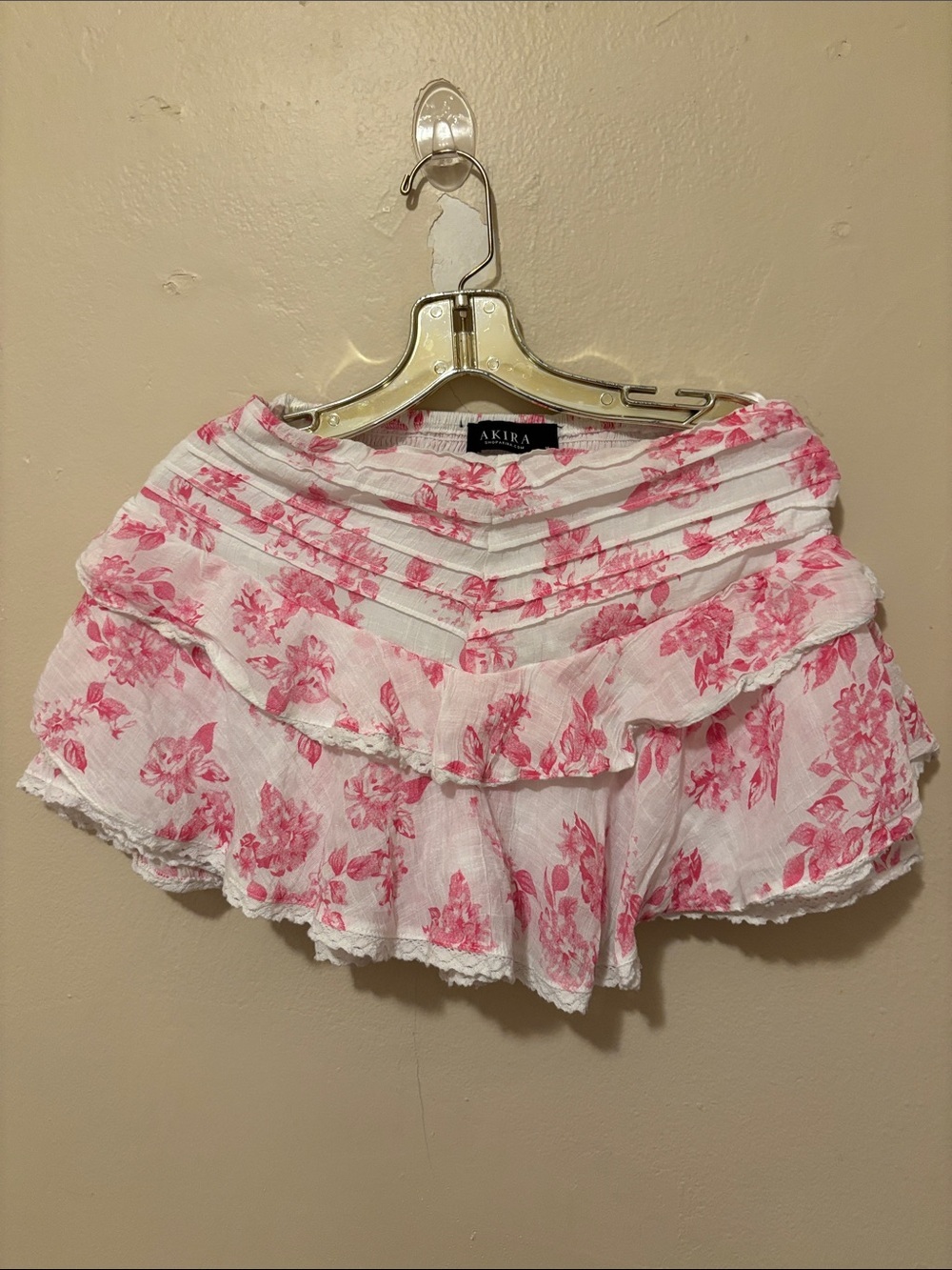 AKIRA White and Pink Floral Ruffle Mini Skirt